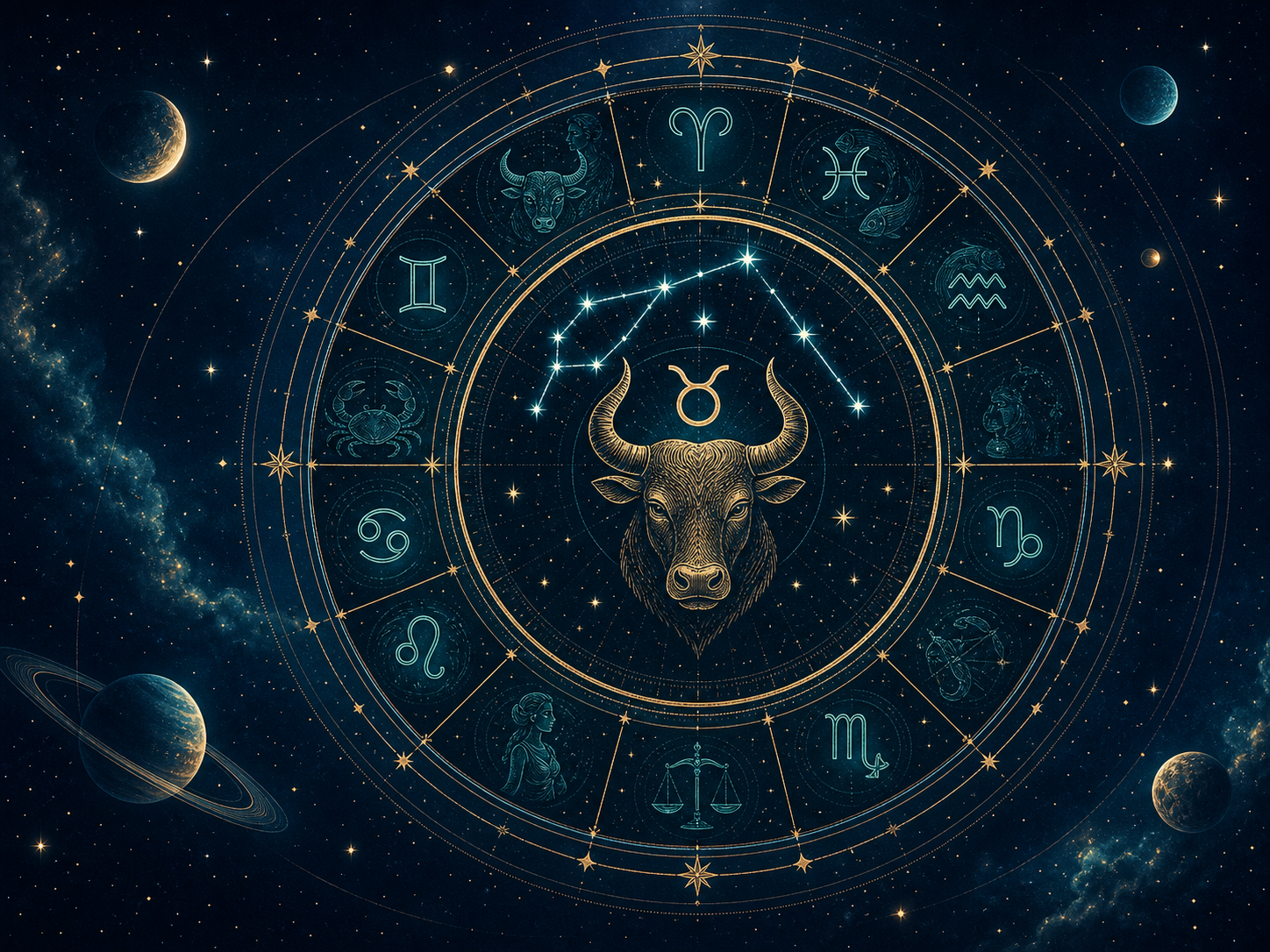 Teal and gold zodiac wheel centered on Taurus