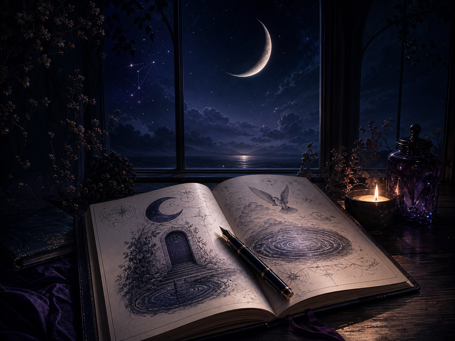 Open dream journal beneath a crescent moon