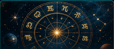 Golden zodiac wheel across a star map