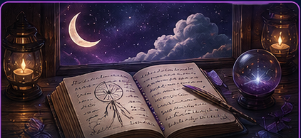 Open dream journal beneath a crescent moon
